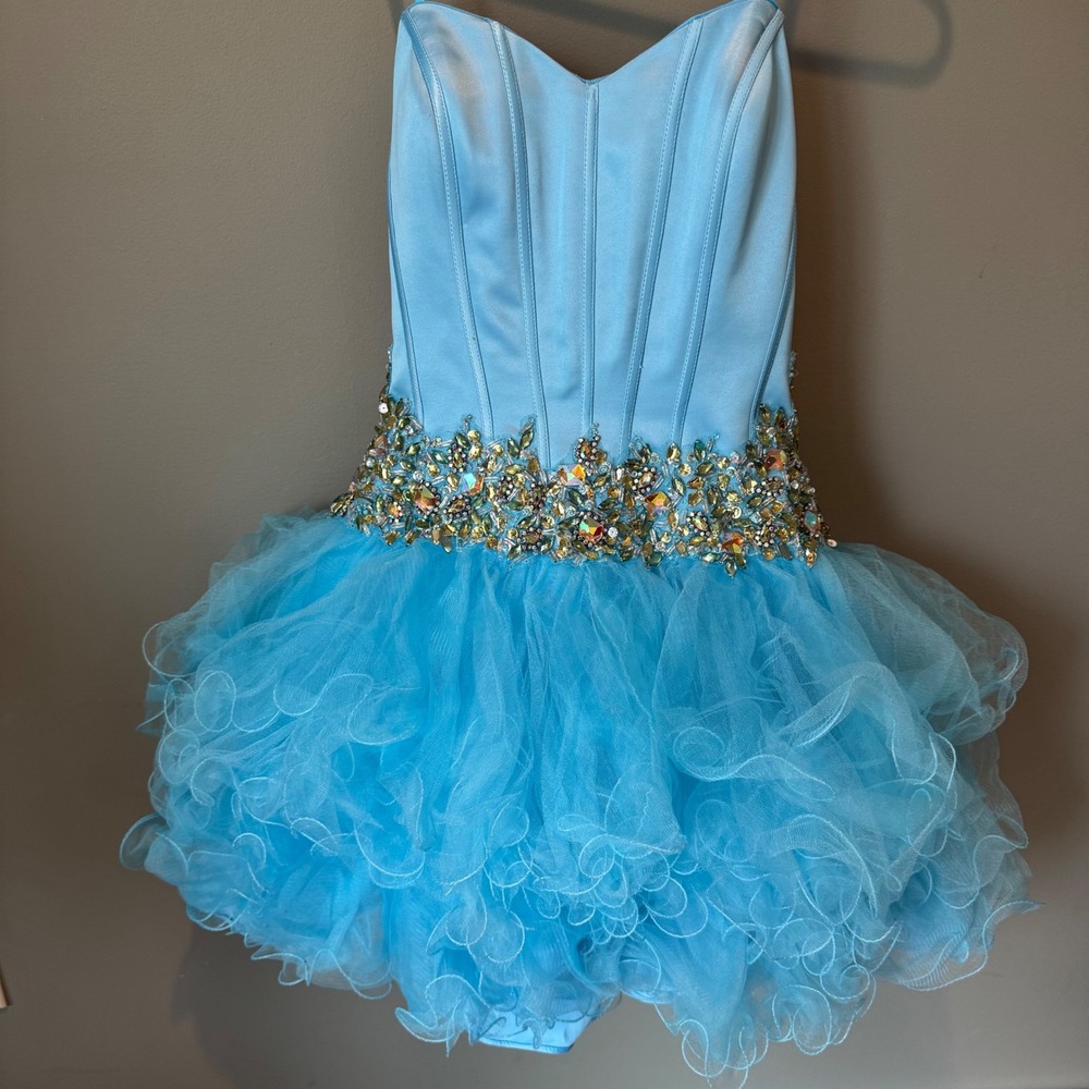 Prom Homecoming Party Dress Womens Sz 4 Faviana Glamour Blue Beaded Tulle Corset